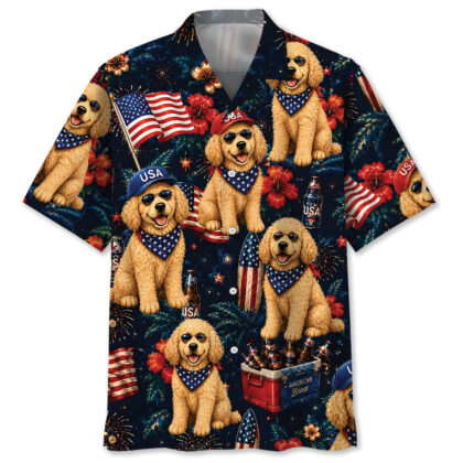 Goldendoodle Dog Hawaiian Shirt - Patriotic Pattern, 100% Polyester, Short Sleeve