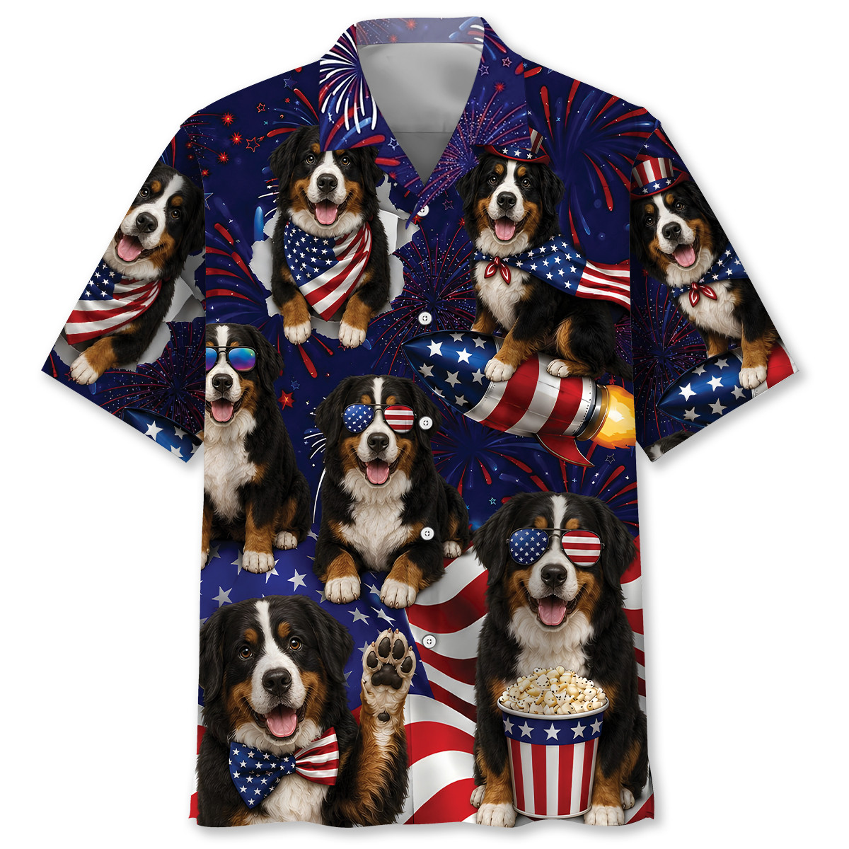 Bernese Mountain Dog Hawaiian Shirt - 4th of July Summer Beach Shirt