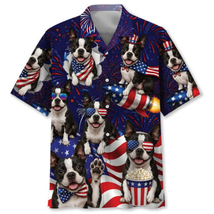 Boston Terrier Dog Hawaiian Shirt - 4th of July Patriotic Print, 100% Polyester