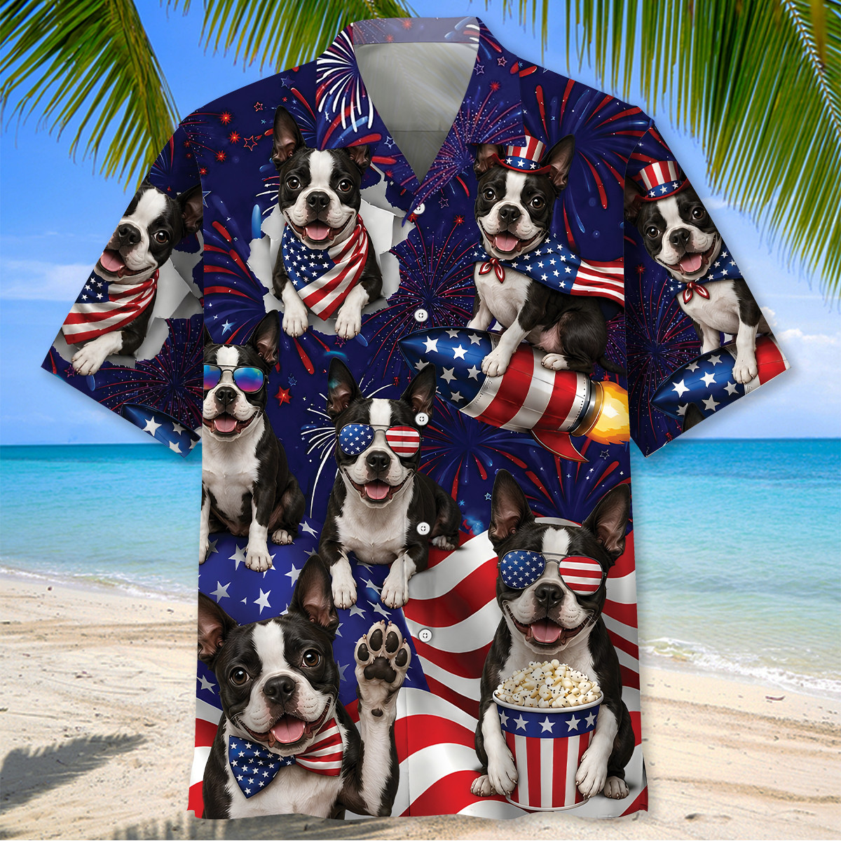 Boston Terrier Dog Hawaiian Shirt - 4th of July Patriotic Print, 100% Polyester - Image 2