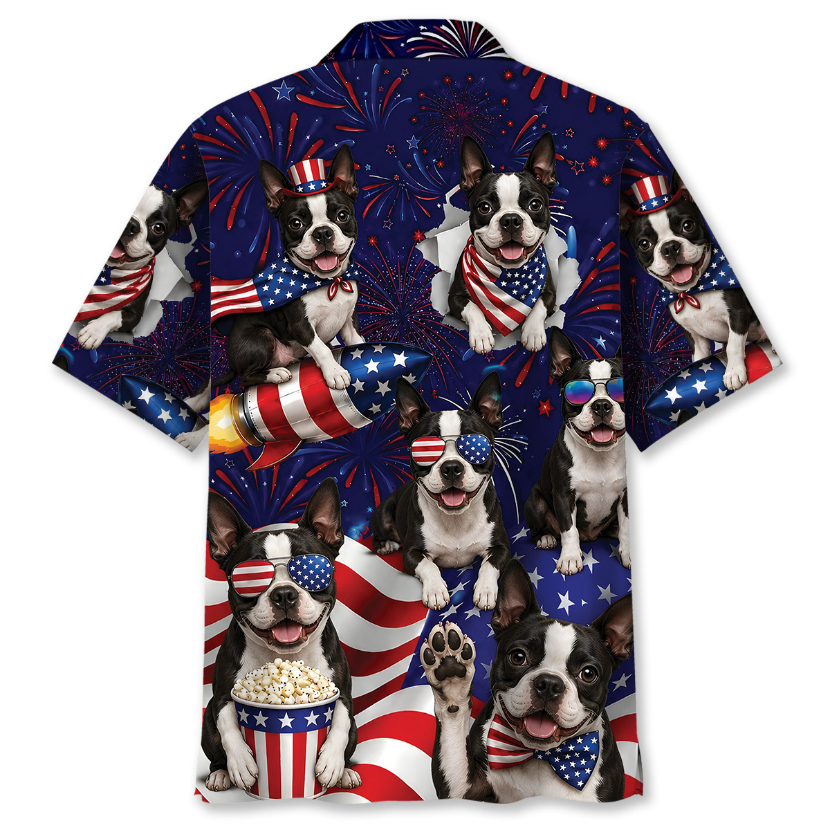 Boston Terrier Dog Hawaiian Shirt - 4th of July Patriotic Print, 100% Polyester - Image 3