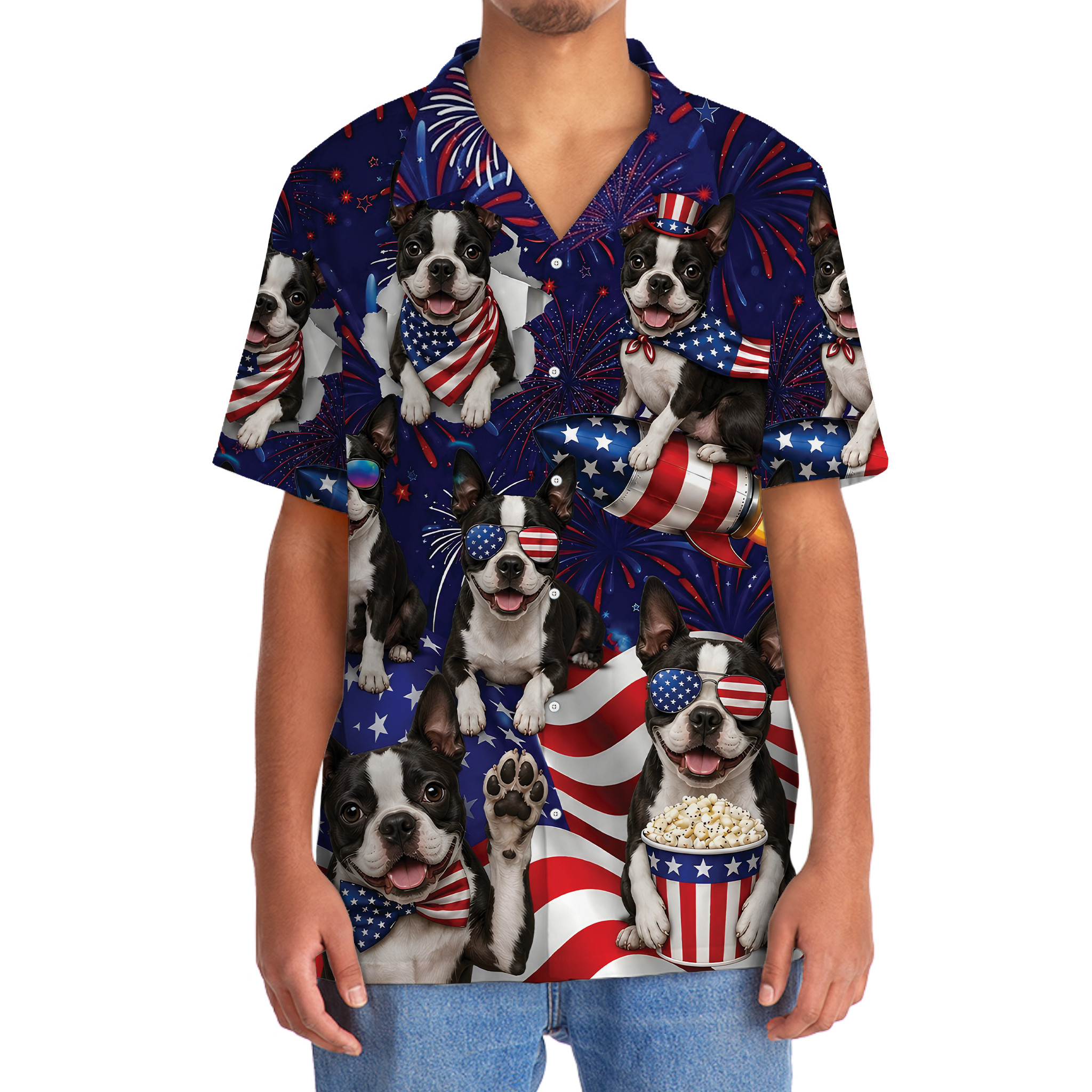 Boston Terrier Dog Hawaiian Shirt - 4th of July Patriotic Print, 100% Polyester - Image 5