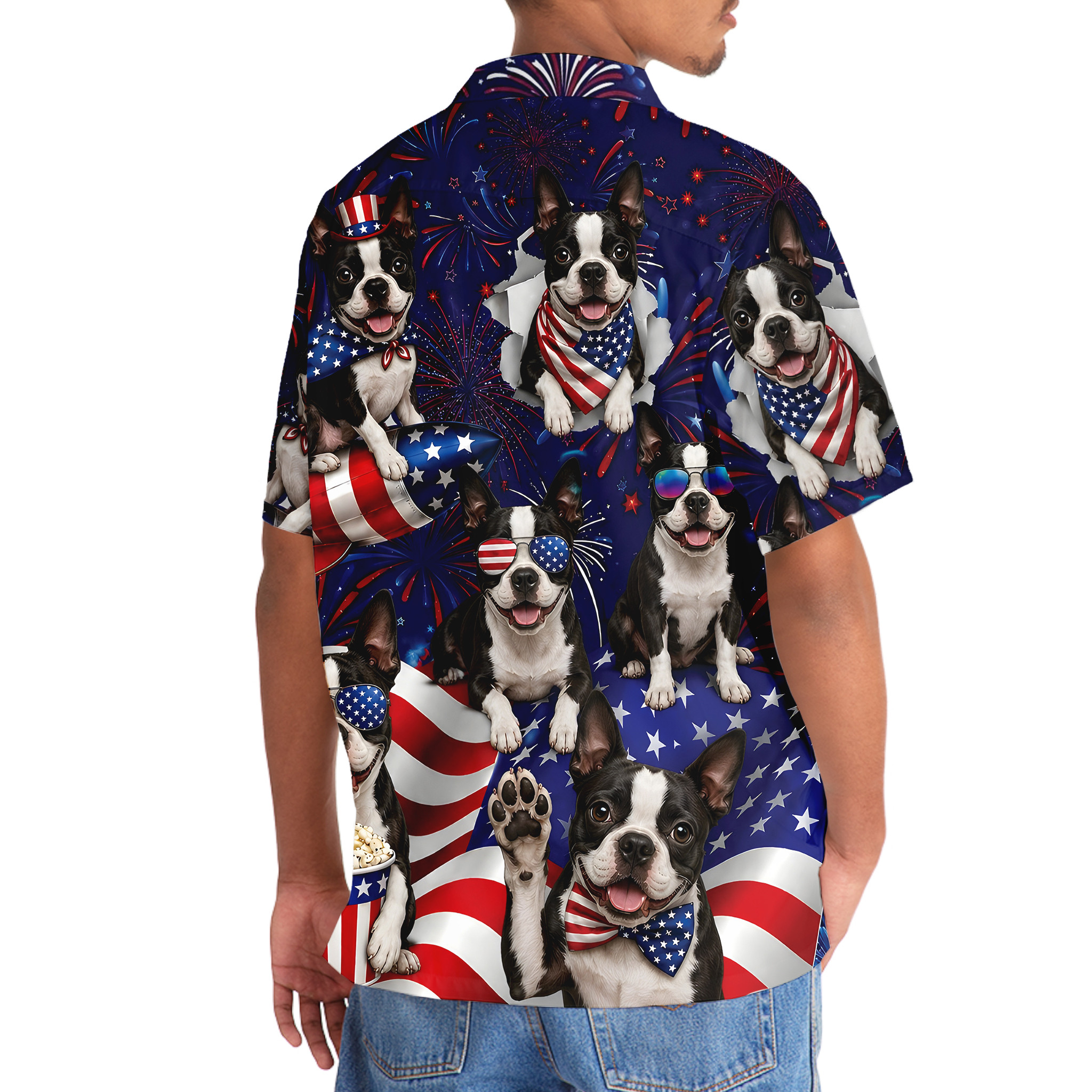 Boston Terrier Dog Hawaiian Shirt - 4th of July Patriotic Print, 100% Polyester - Image 6