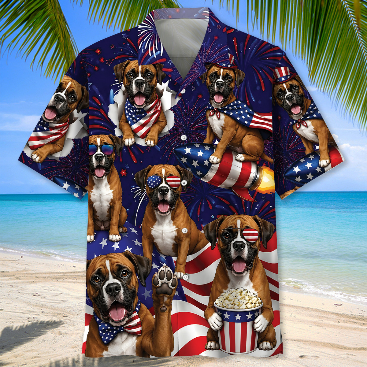 Boxer Dog Hawaiian Shirt – 4th of July Patriotic Print, 100% Polyester, Short Sleeve - Image 2