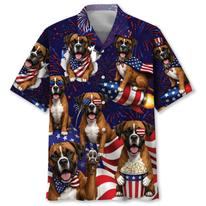Boxer Dog Hawaiian Shirt – 4th of July Patriotic Print, 100% Polyester, Short Sleeve