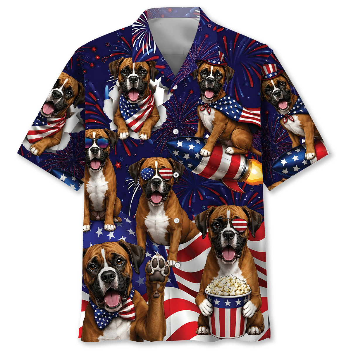 Boxer Dog Hawaiian Shirt – 4th of July Patriotic Print, 100% Polyester, Short Sleeve