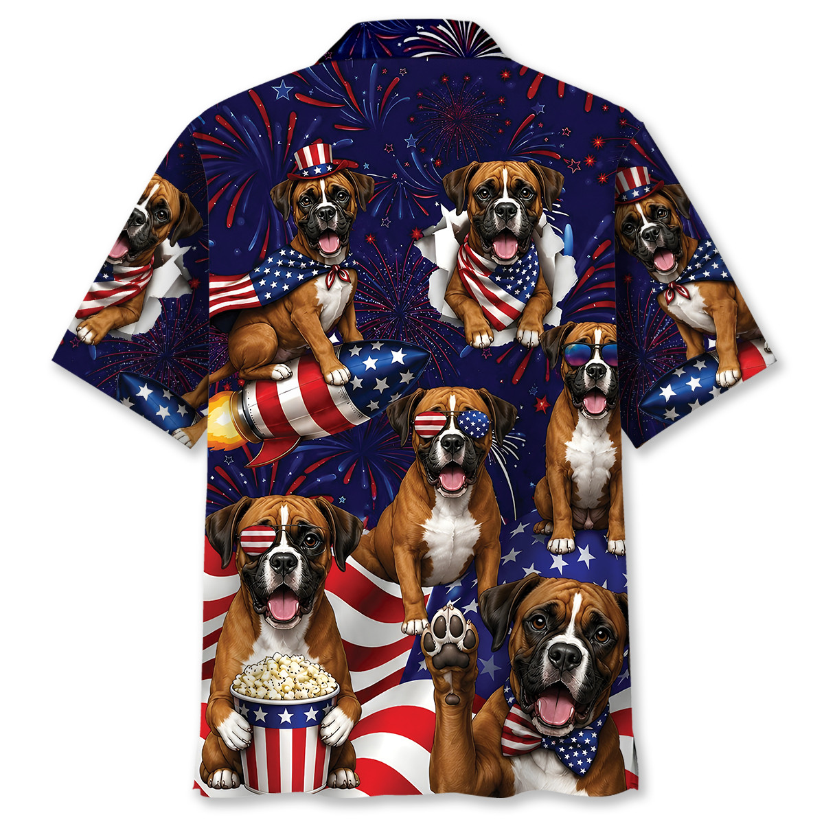 Boxer Dog Hawaiian Shirt – 4th of July Patriotic Print, 100% Polyester, Short Sleeve - Image 3