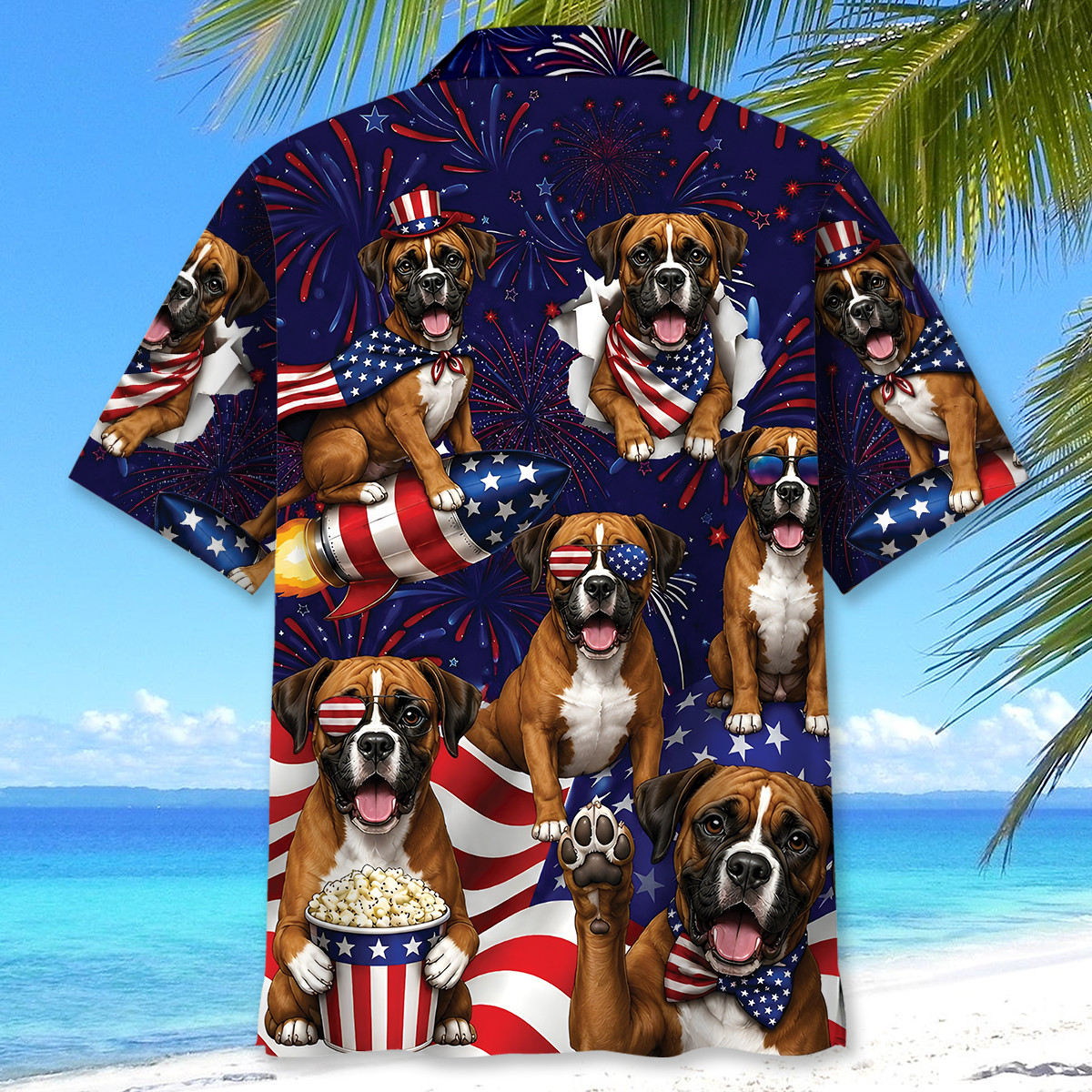 Boxer Dog Hawaiian Shirt – 4th of July Patriotic Print, 100% Polyester, Short Sleeve - Image 4