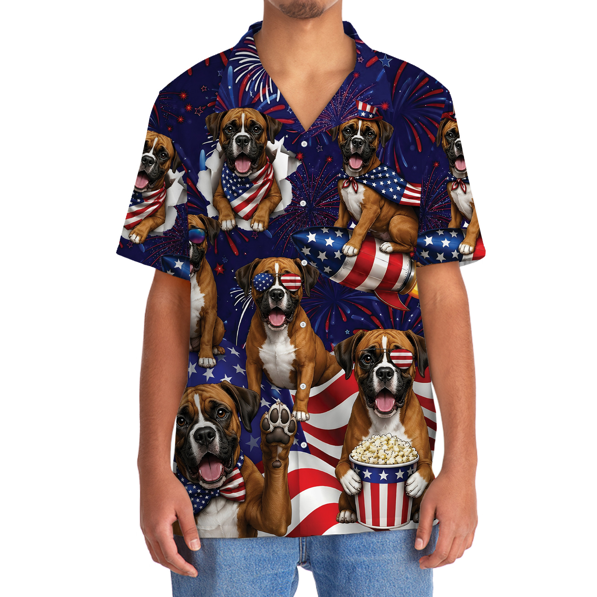 Boxer Dog Hawaiian Shirt – 4th of July Patriotic Print, 100% Polyester, Short Sleeve - Image 5