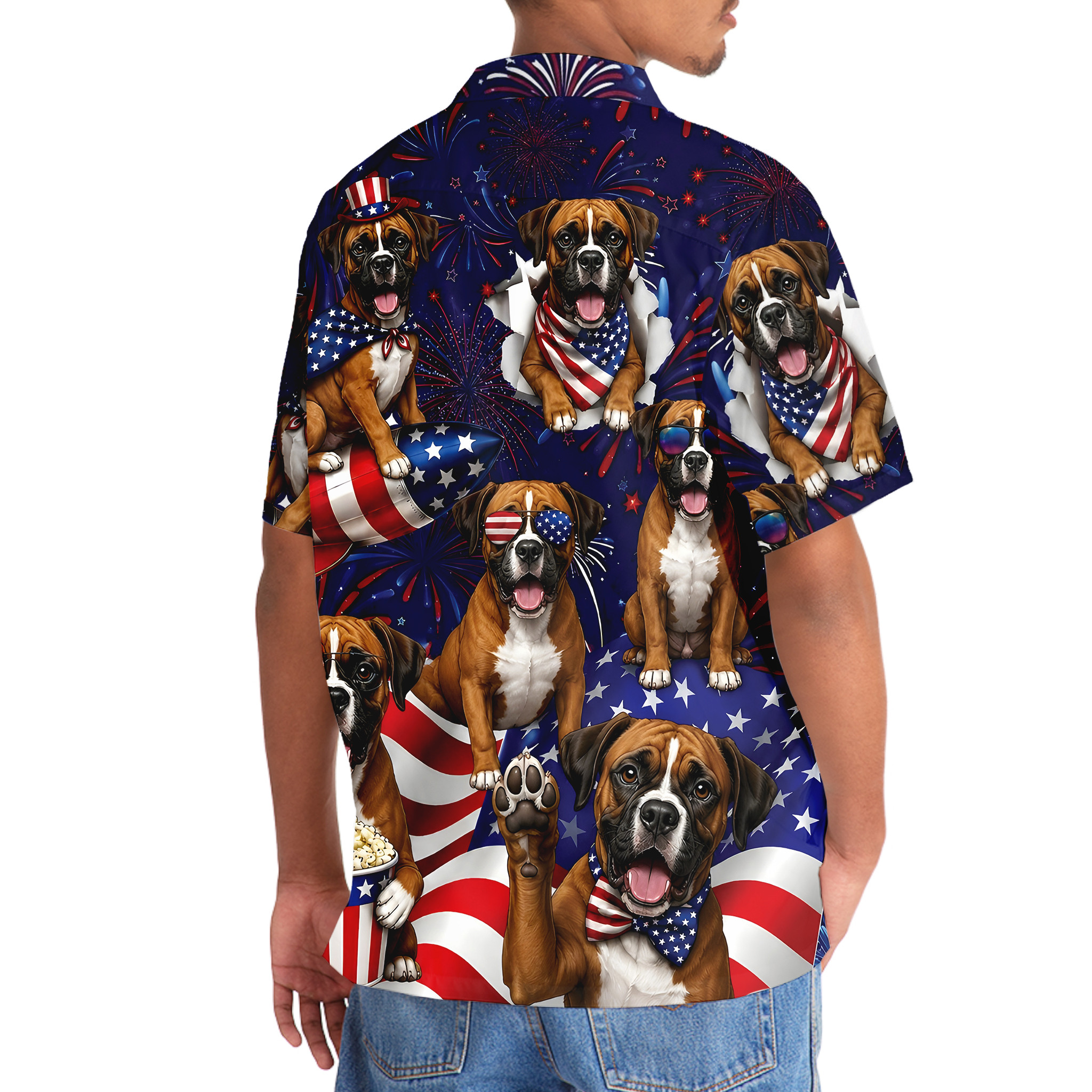 Boxer Dog Hawaiian Shirt – 4th of July Patriotic Print, 100% Polyester, Short Sleeve - Image 6