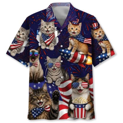 Cat Hawaiian Shirt 4th of July Patriotic Summer Short Sleeve Beach Shirt for Men Women