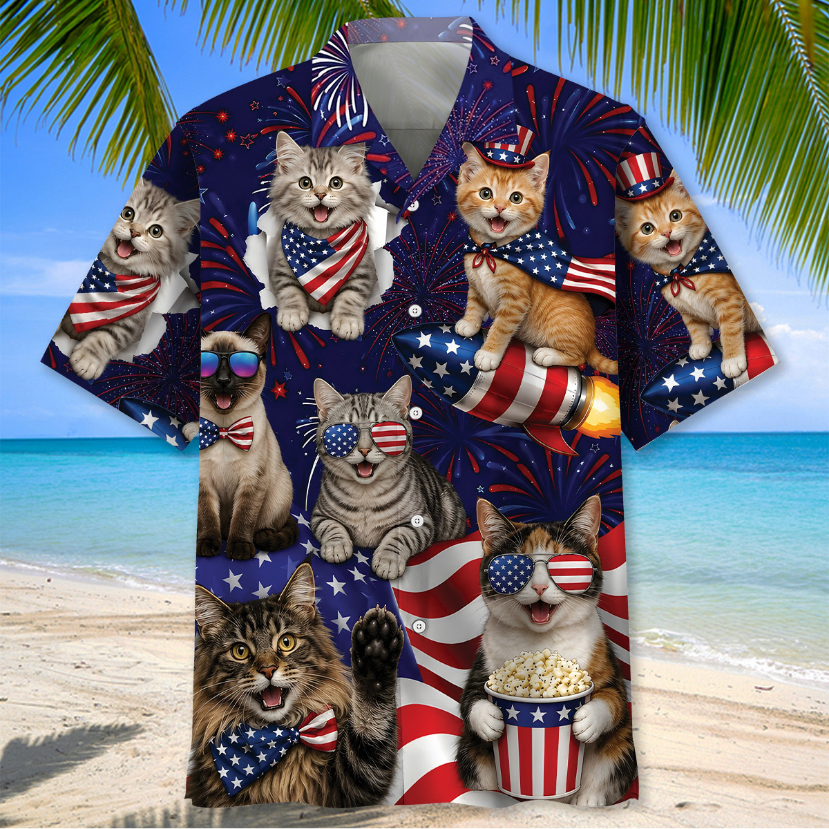 Cat Hawaiian Shirt 4th of July Patriotic Summer Short Sleeve Beach Shirt for Men Women - Image 2