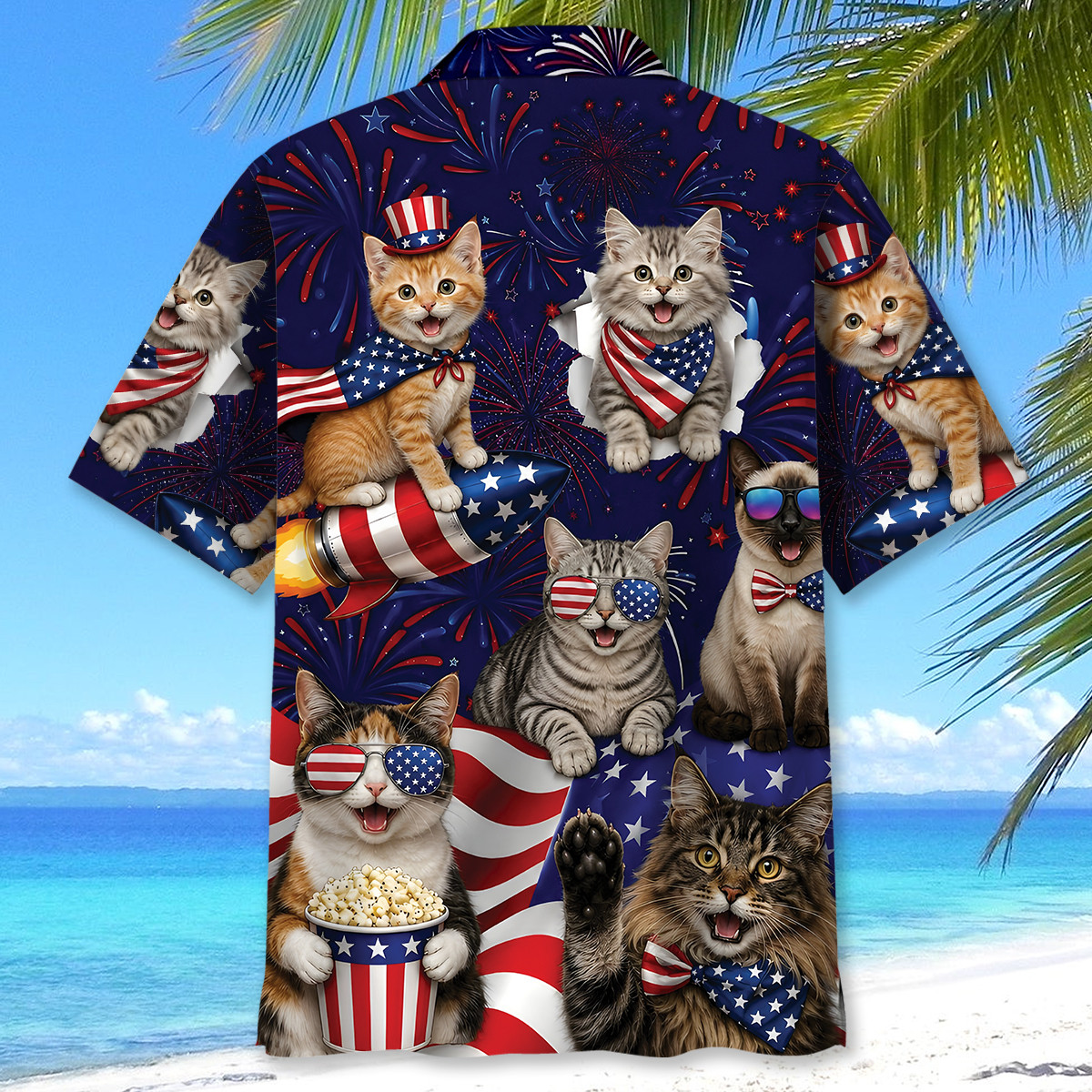 Cat Hawaiian Shirt 4th of July Patriotic Summer Short Sleeve Beach Shirt for Men Women - Image 4