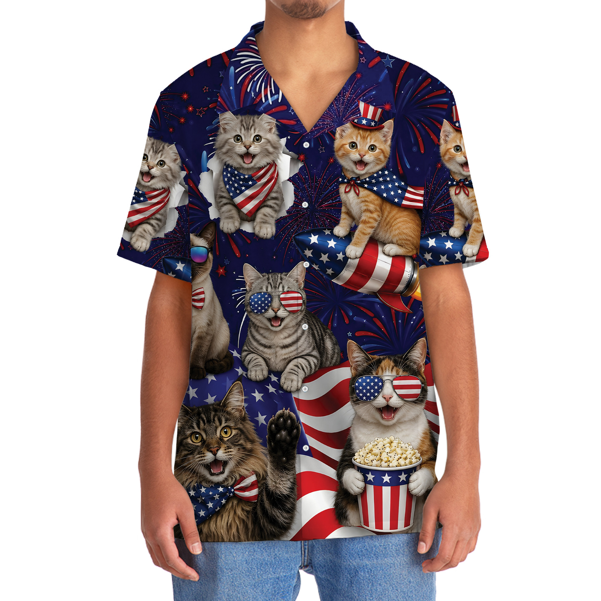 Cat Hawaiian Shirt 4th of July Patriotic Summer Short Sleeve Beach Shirt for Men Women - Image 5