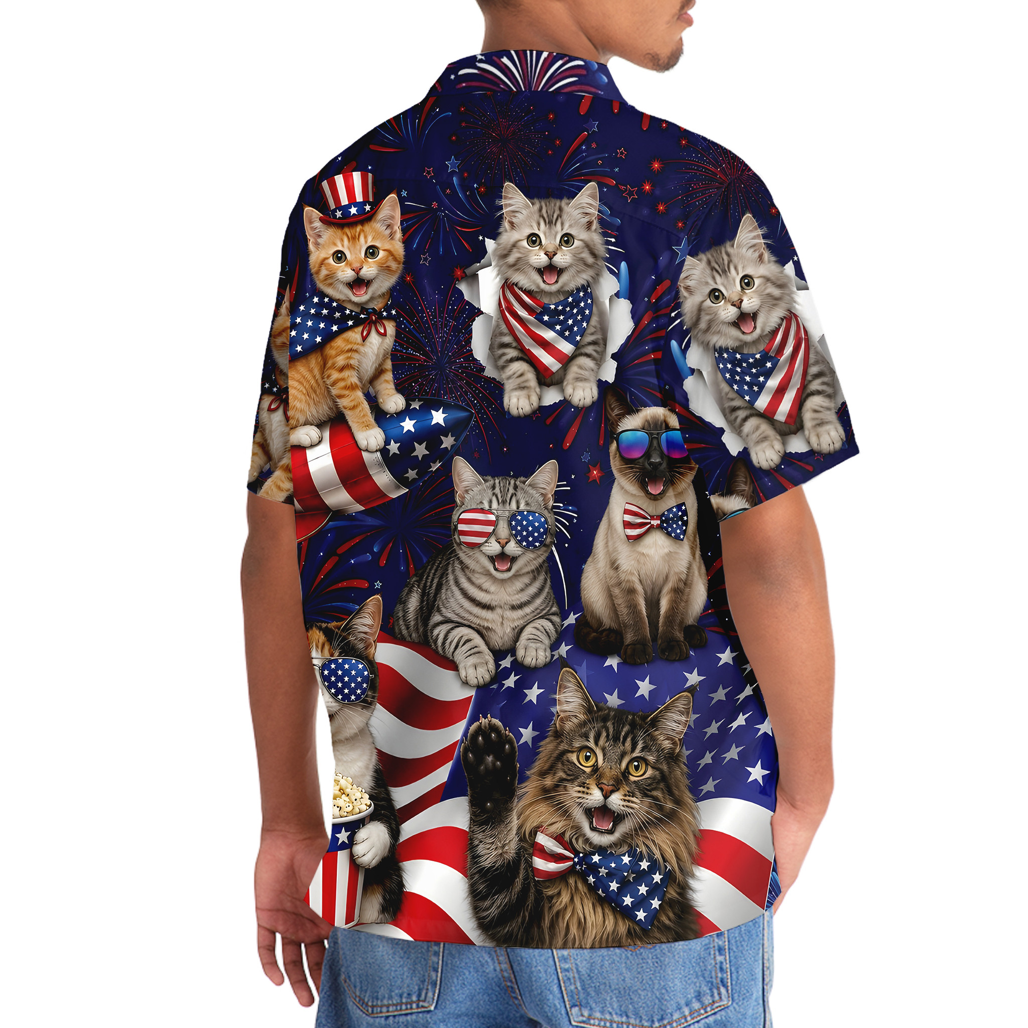 Cat Hawaiian Shirt 4th of July Patriotic Summer Short Sleeve Beach Shirt for Men Women - Image 6