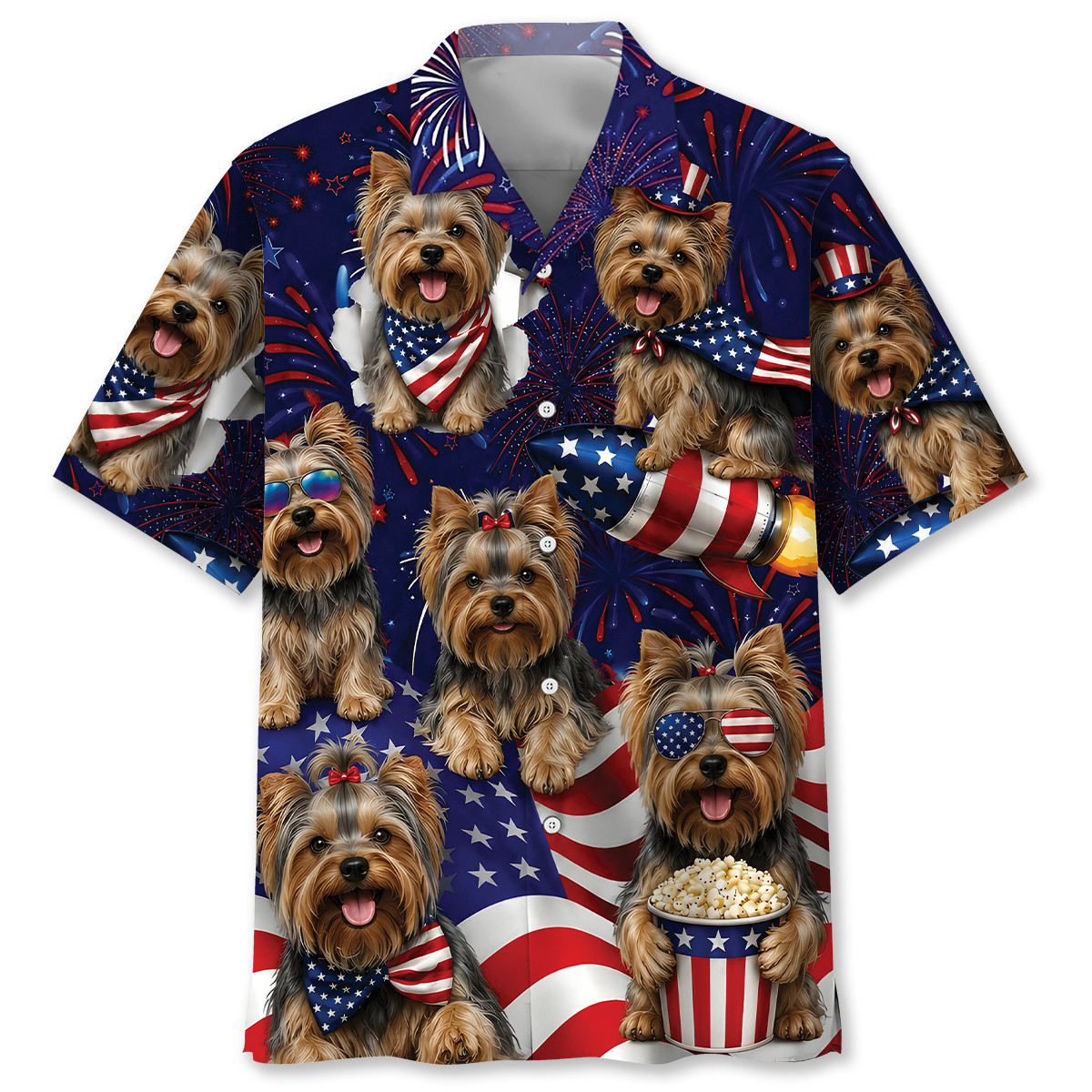 Yorkshire Terrier Dog Hawaiian Shirt - 4th of July Patriotic Print - 100% Polyester Short Sleeve