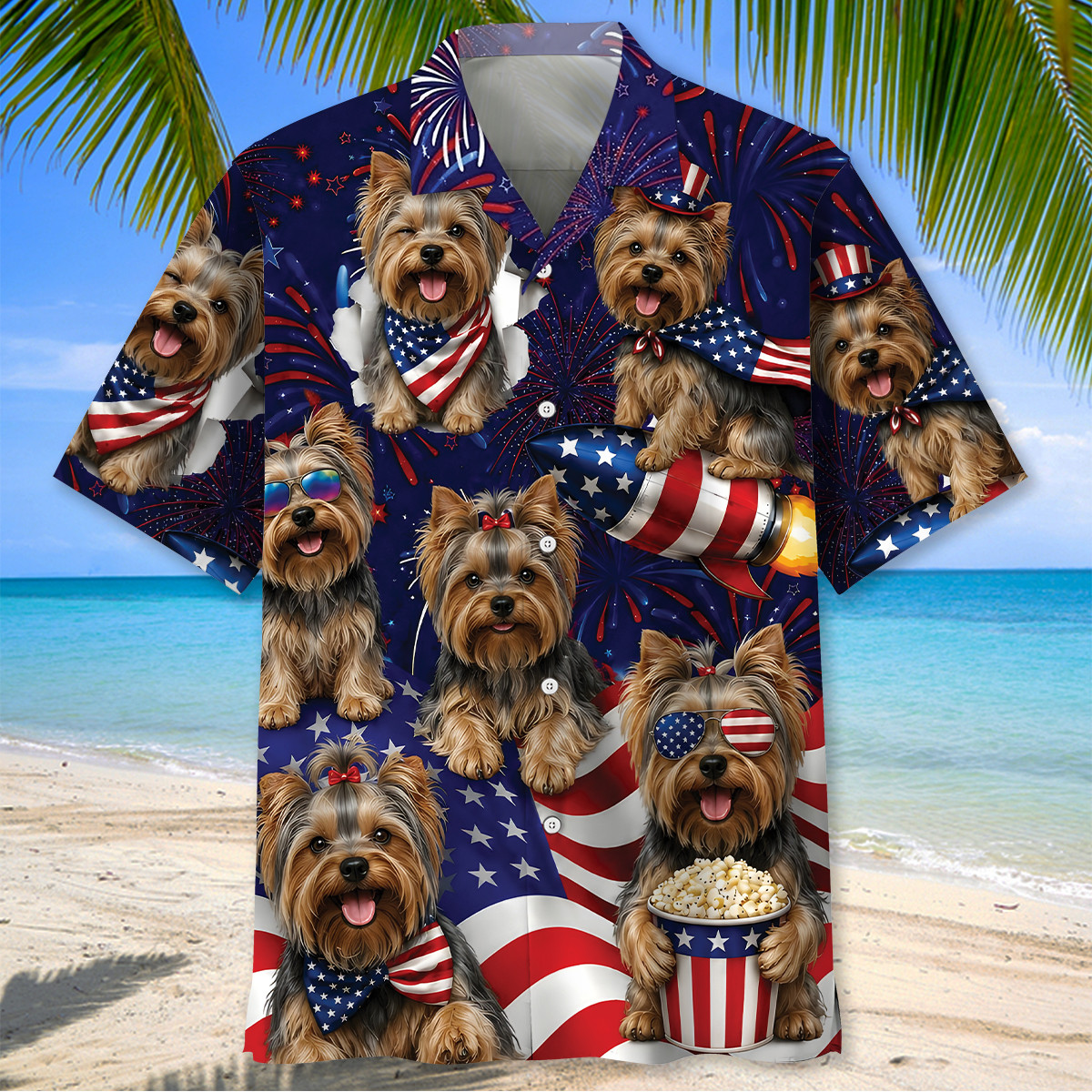 Yorkshire Terrier Dog Hawaiian Shirt - 4th of July Patriotic Print - 100% Polyester Short Sleeve - Image 2