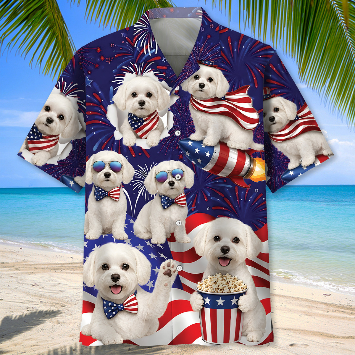 Maltese Dog Hawaiian Shirt - 4th of July Patriotic Print, 100% Polyester - Image 2