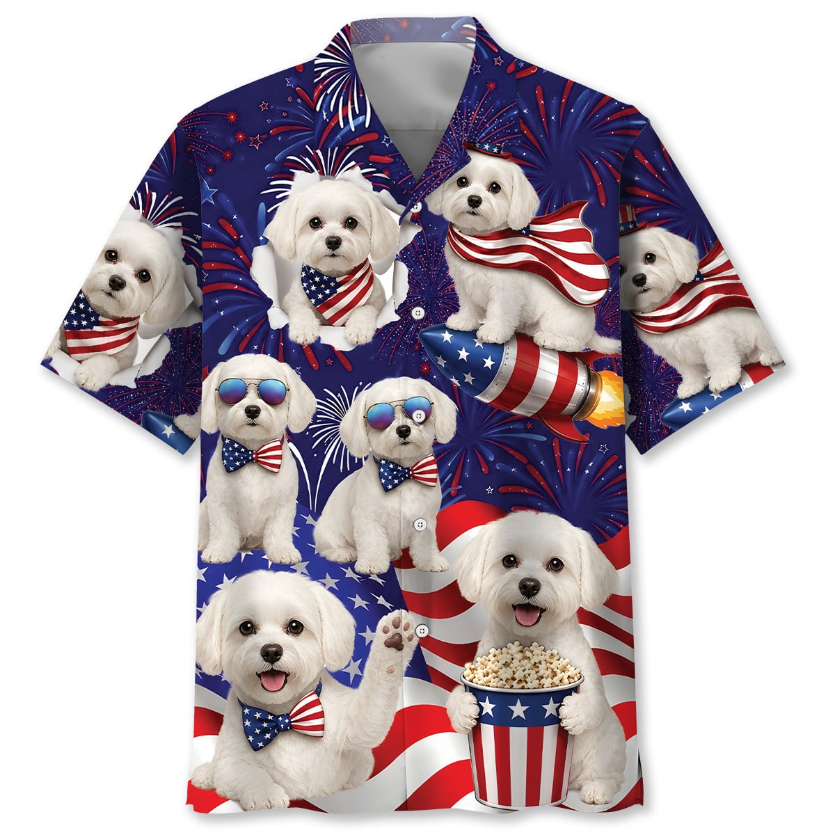 Maltese Dog Hawaiian Shirt - 4th of July Patriotic Print, 100% Polyester