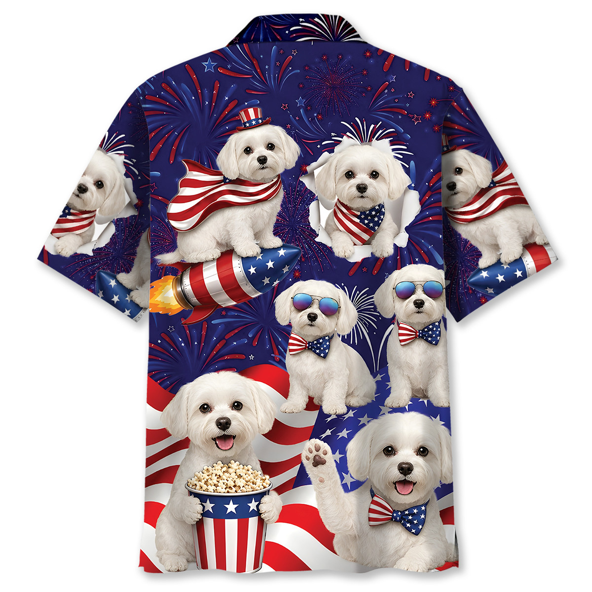 Maltese Dog Hawaiian Shirt - 4th of July Patriotic Print, 100% Polyester - Image 3