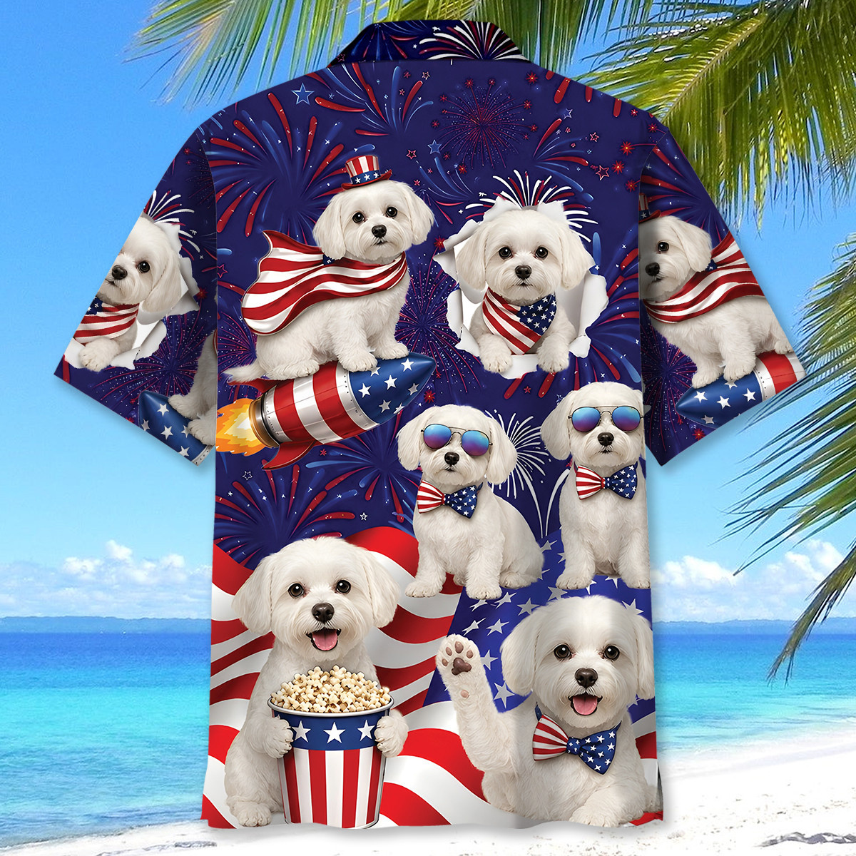 Maltese Dog Hawaiian Shirt - 4th of July Patriotic Print, 100% Polyester - Image 4