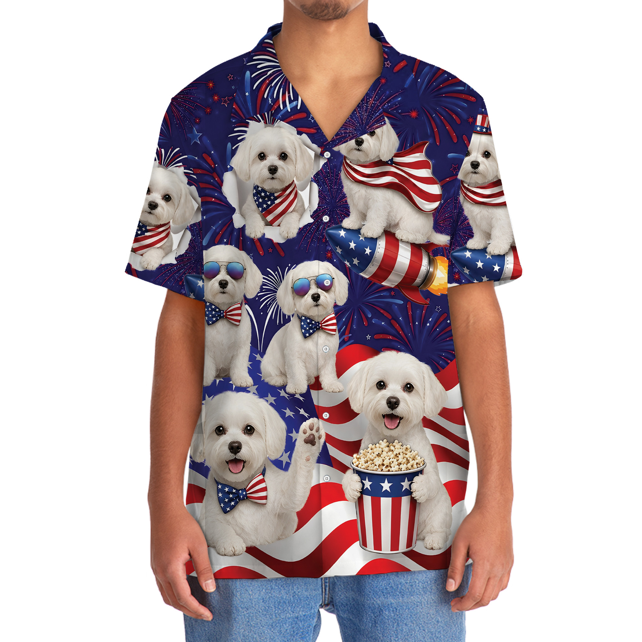 Maltese Dog Hawaiian Shirt - 4th of July Patriotic Print, 100% Polyester - Image 5