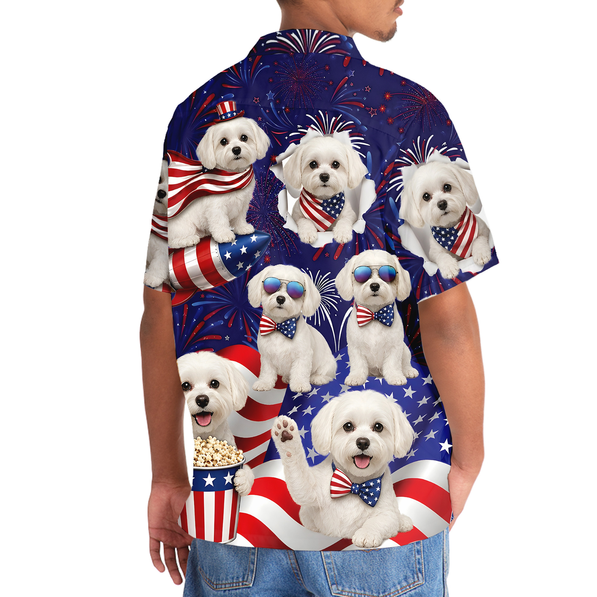 Maltese Dog Hawaiian Shirt - 4th of July Patriotic Print, 100% Polyester - Image 6