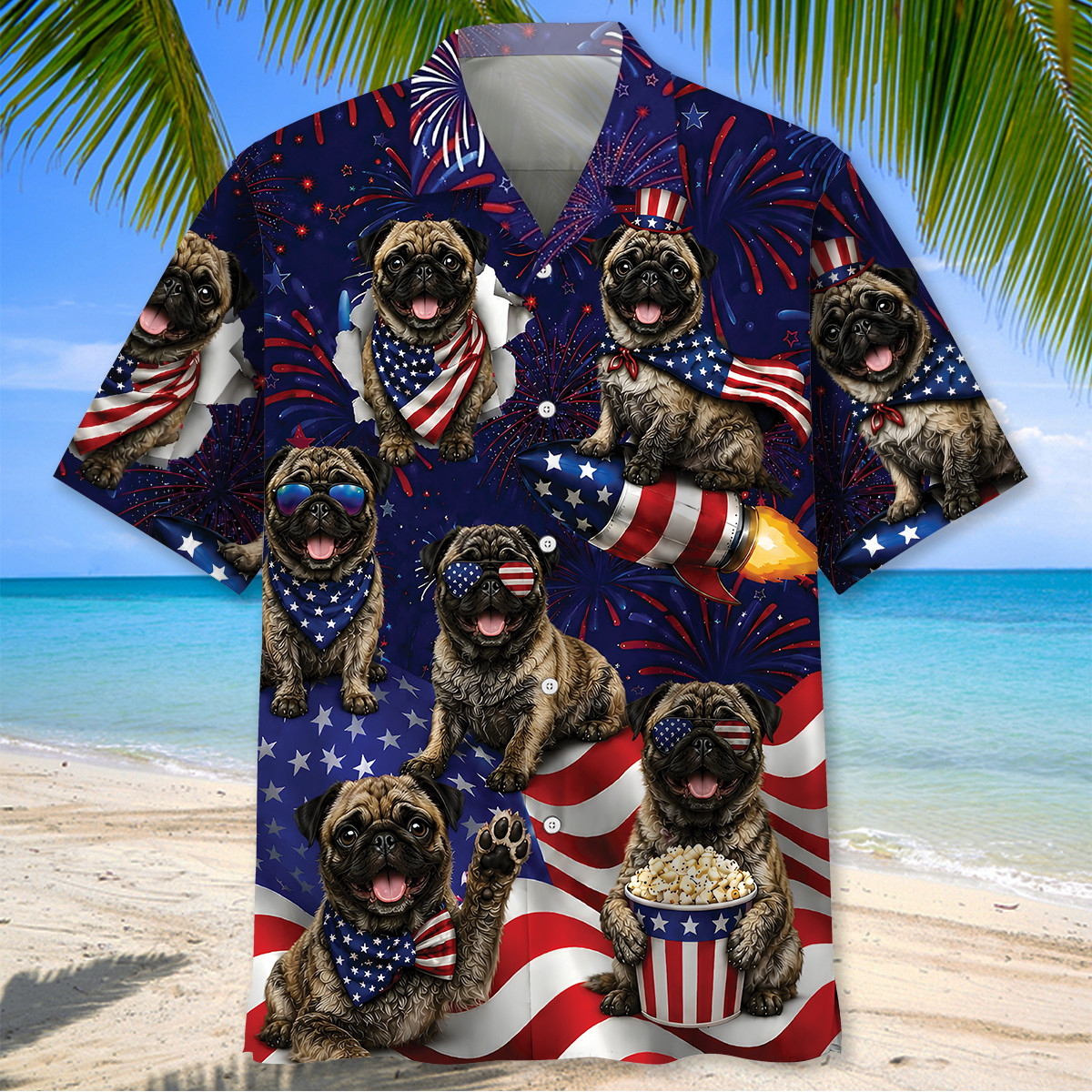 Pug Dog Hawaiian Shirt - 4th of July Brindle Pug Print, Short Sleeve Polyester - Image 2