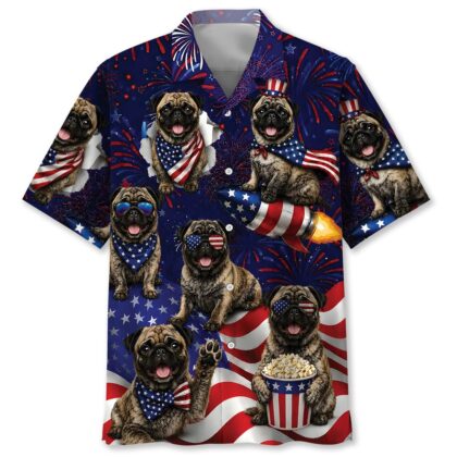 Pug Dog Hawaiian Shirt - 4th of July Brindle Pug Print, Short Sleeve Polyester