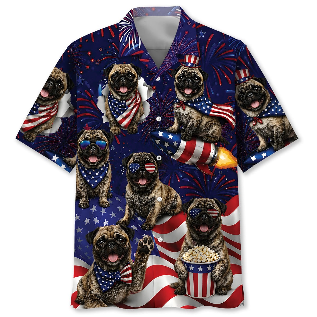 Pug Dog Hawaiian Shirt - 4th of July Brindle Pug Print, Short Sleeve Polyester