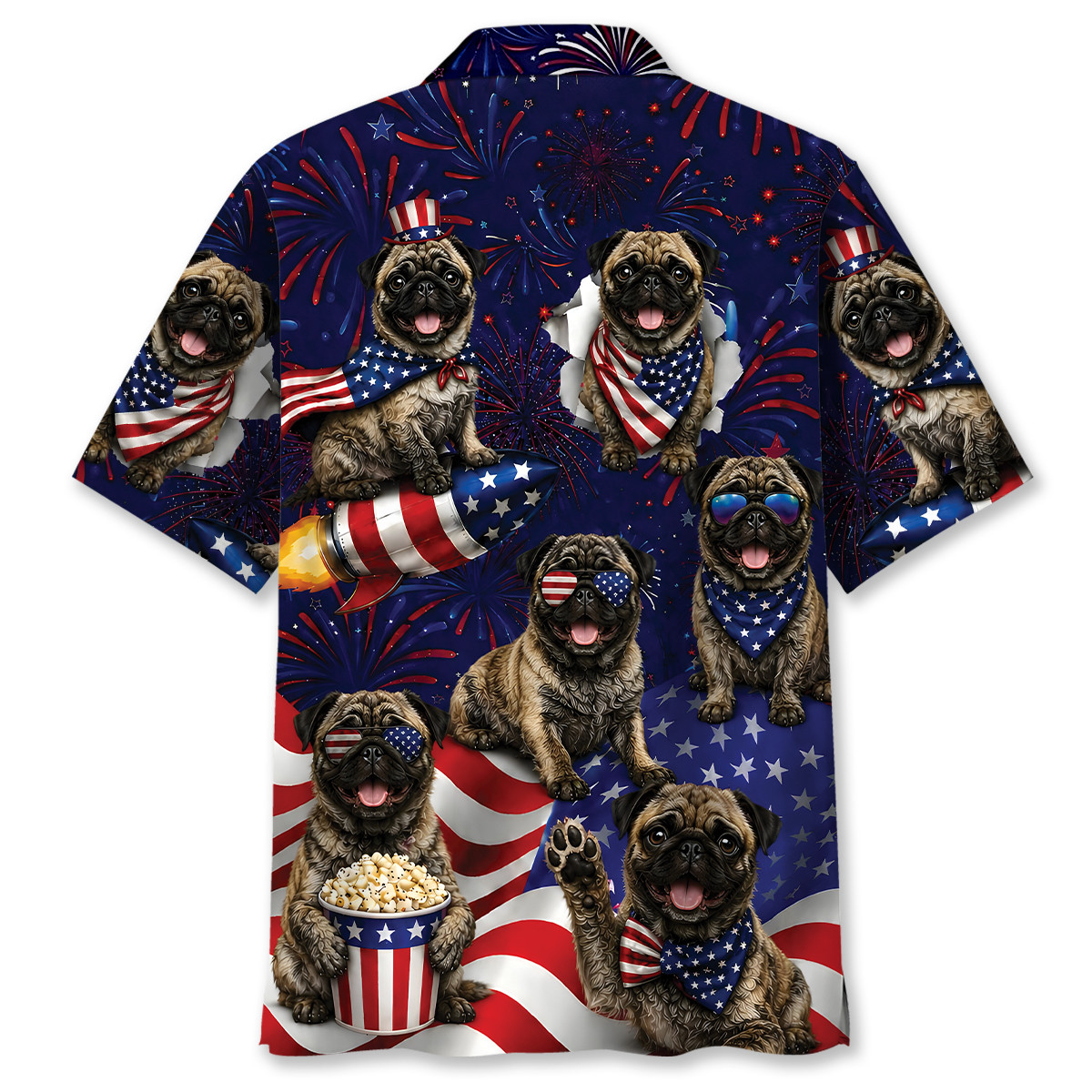 Pug Dog Hawaiian Shirt - 4th of July Brindle Pug Print, Short Sleeve Polyester - Image 3