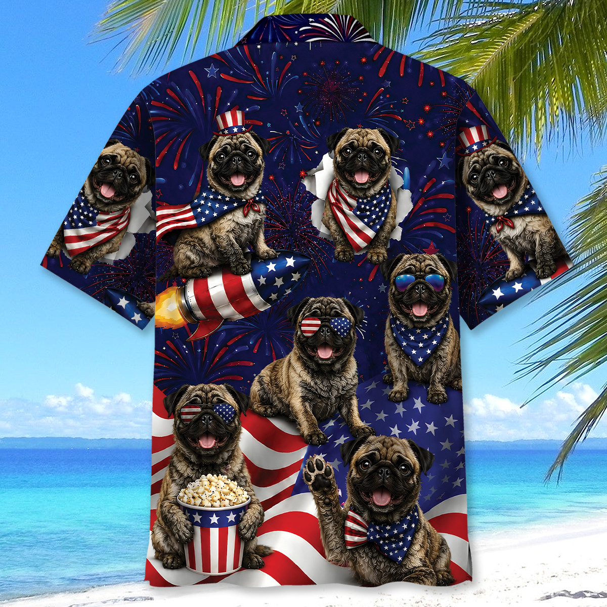 Pug Dog Hawaiian Shirt - 4th of July Brindle Pug Print, Short Sleeve Polyester - Image 4