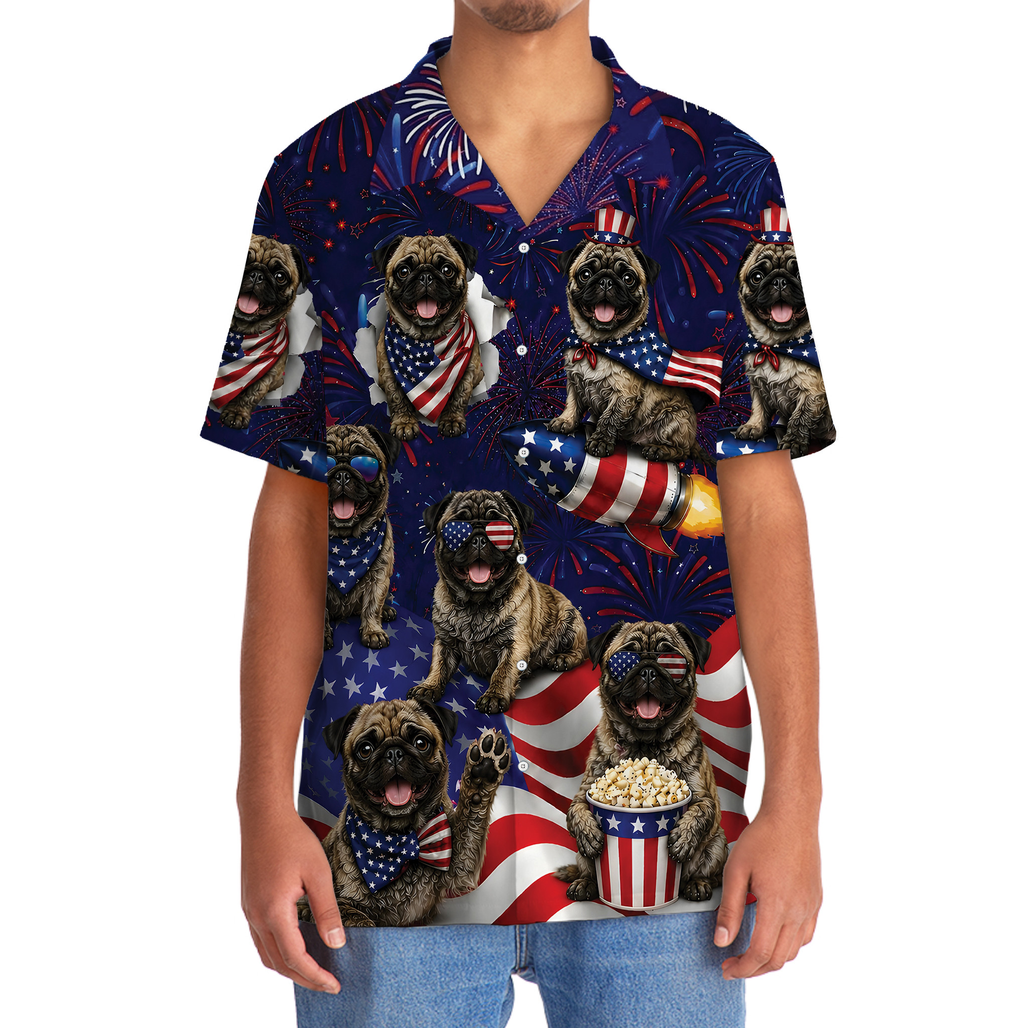 Pug Dog Hawaiian Shirt - 4th of July Brindle Pug Print, Short Sleeve Polyester - Image 5