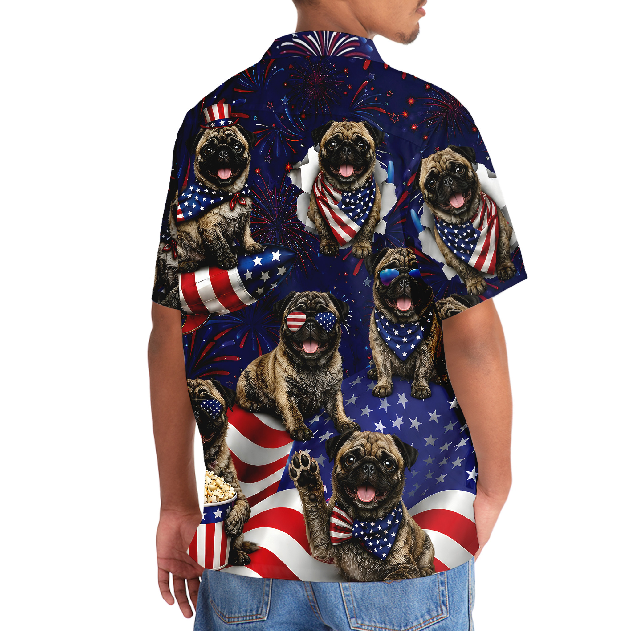 Pug Dog Hawaiian Shirt - 4th of July Brindle Pug Print, Short Sleeve Polyester - Image 6