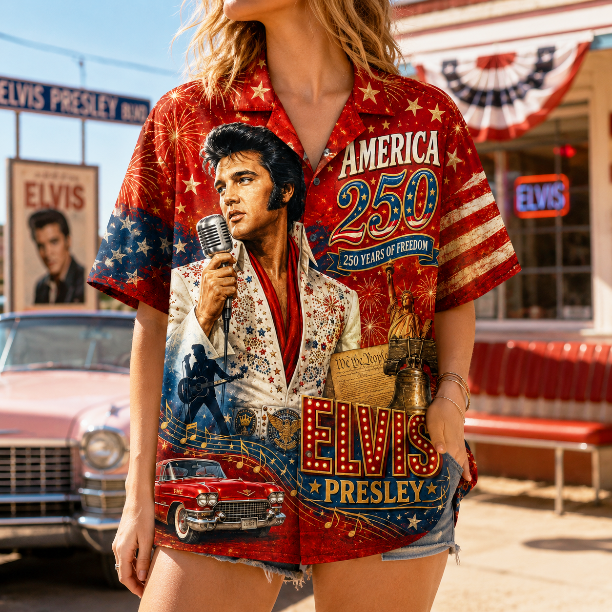 Elvis Presley 250 Years of Freedom Hawaiian Shirt for Men and Women - Image 2