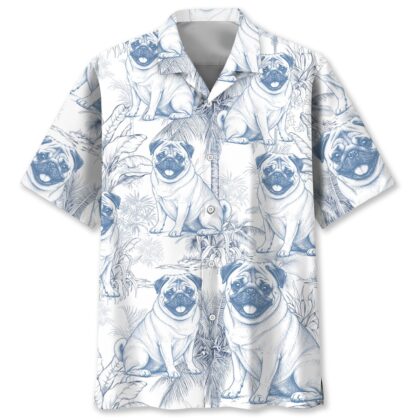 Blue and White Pug Dog Pattern Hawaiian Shirt - 100% Woven Polyester