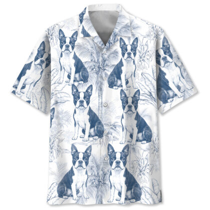 Blue and White Boston Terrier Dog Pattern Hawaiian Shirt for Men