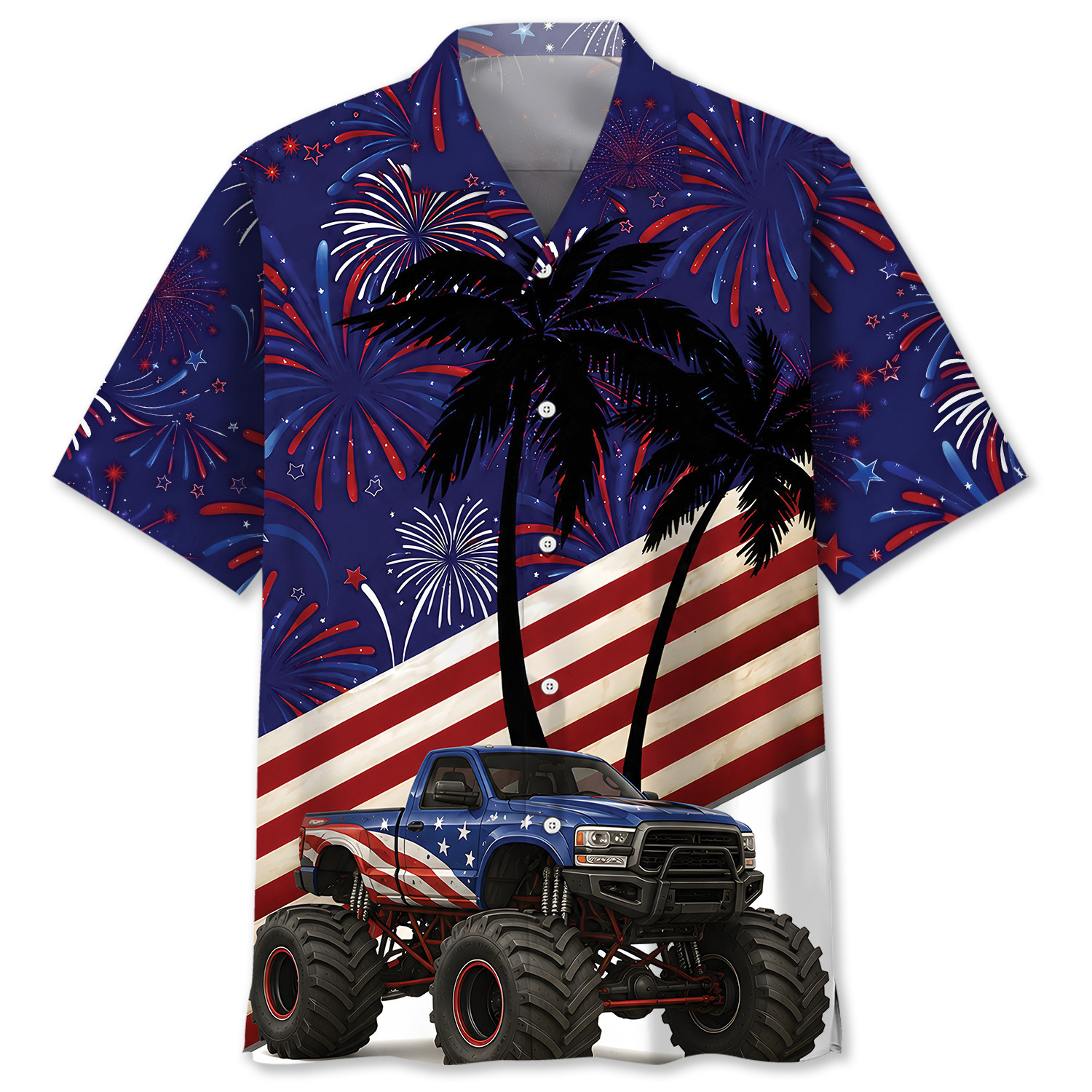 Monster Truck Hawaiian Shirt for Men – 4th of July Patriotic Design