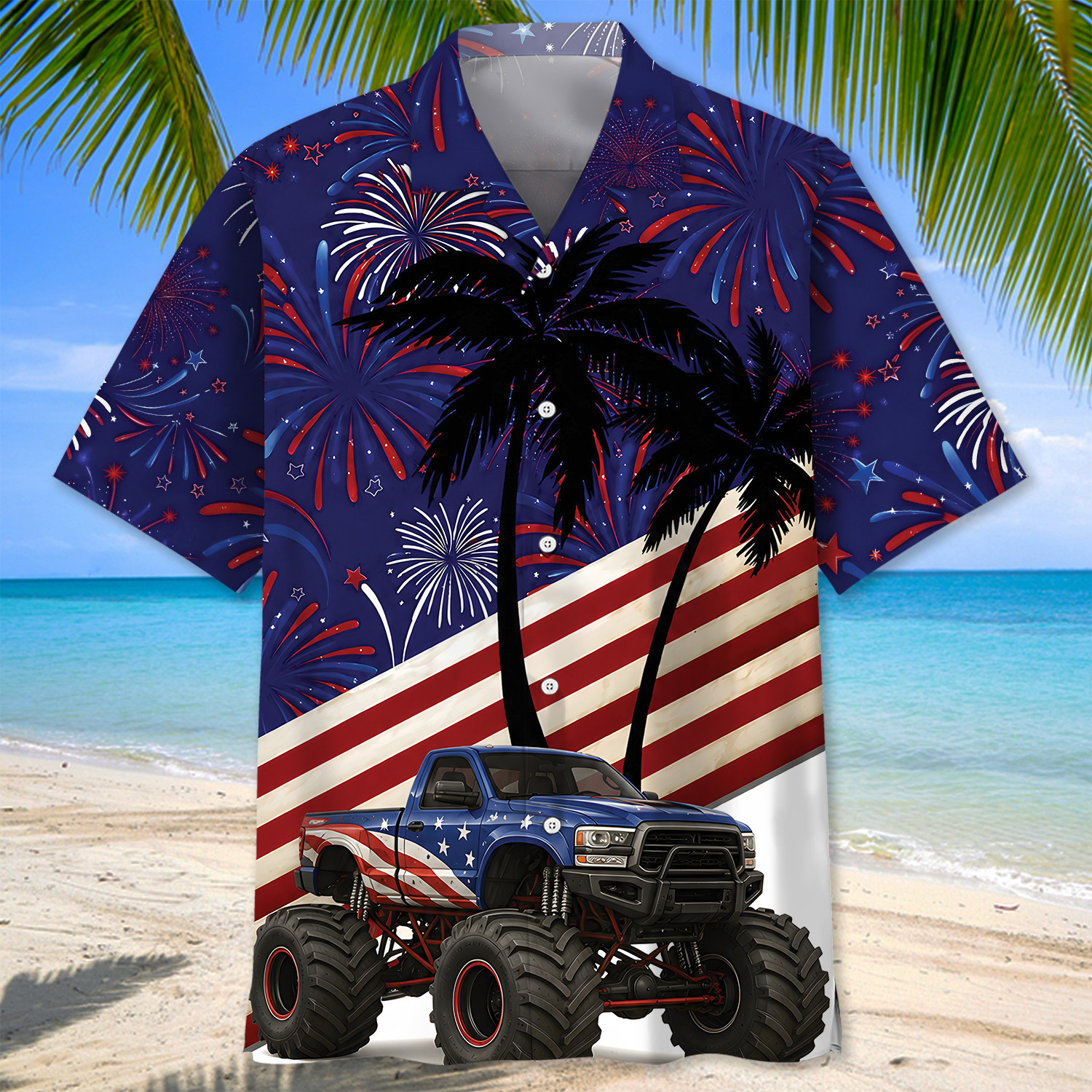Monster Truck Hawaiian Shirt for Men – 4th of July Patriotic Design - Image 2