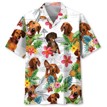 Dachshund Dog Hawaiian Shirt - Funny Tropical Print, 100% Polyester, Short Sleeve