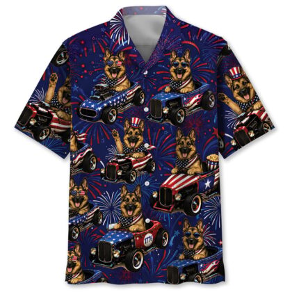 German Shepherd Dog Hawaiian Shirt - 4th of July Hot Rod Print - 100% Polyester