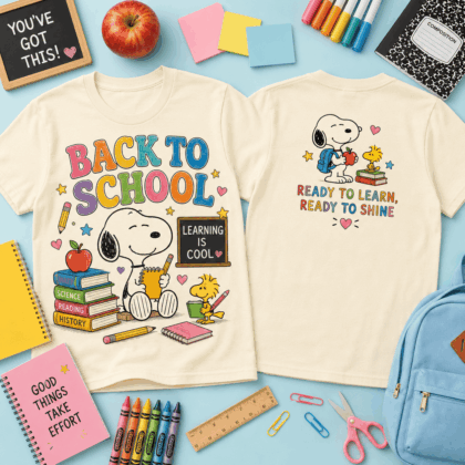 Snoopy Back to School All-Over Print T-Shirt - 80% Polyester 20% Cotton