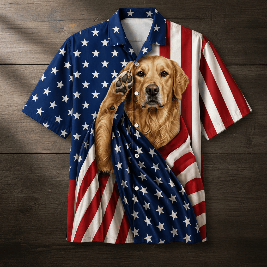 Golden Retriever Patriot Hawaiian Shirt - 100% Woven Polyester, Short Sleeve, Summer Beach Shirt - Image 2