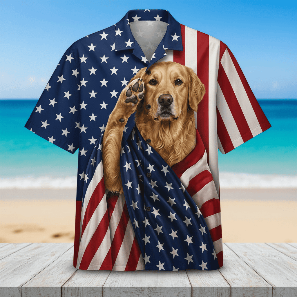 Golden Retriever Patriot Hawaiian Shirt - 100% Woven Polyester, Short Sleeve, Summer Beach Shirt - Image 3