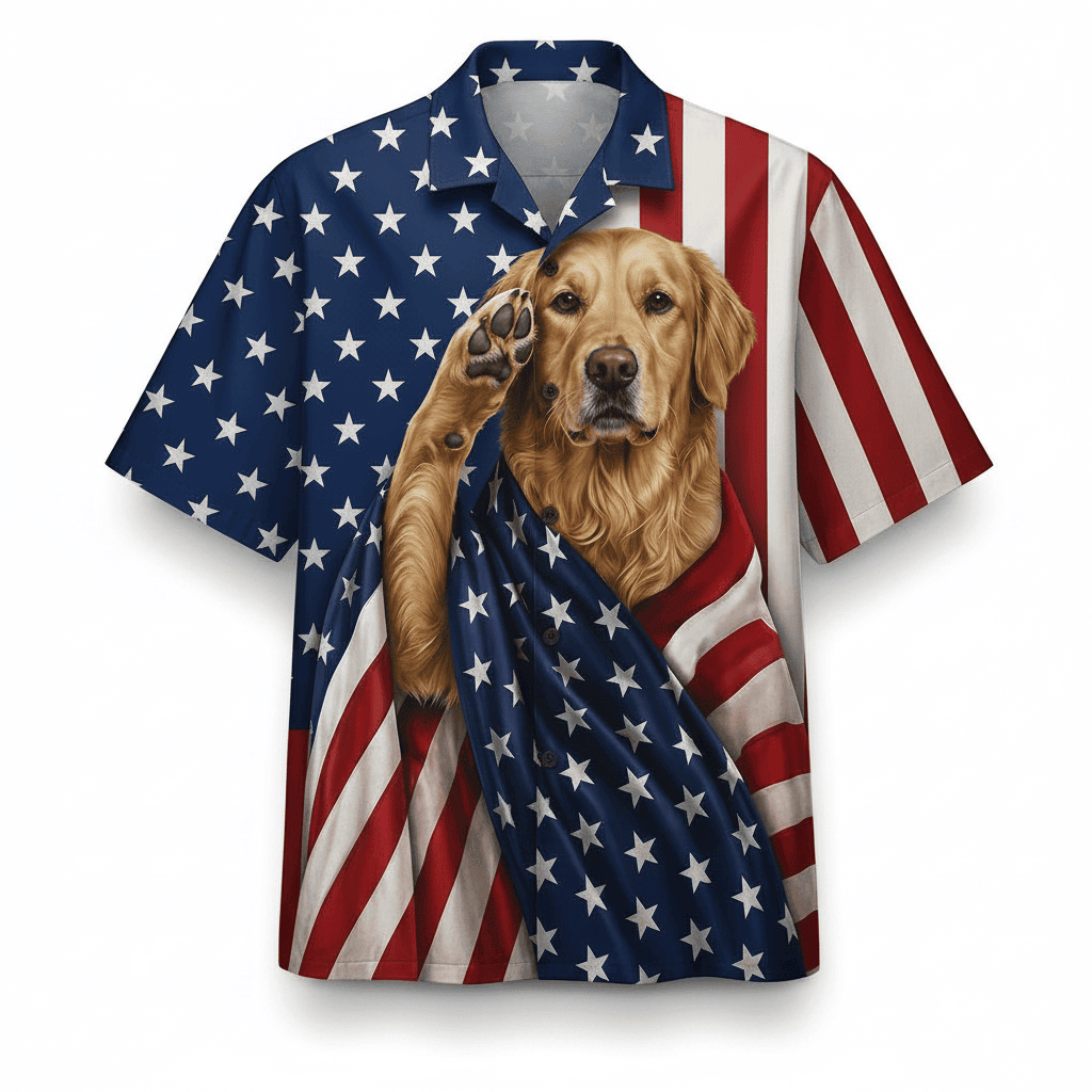 Golden Retriever Patriot Hawaiian Shirt - 100% Woven Polyester, Short Sleeve, Summer Beach Shirt