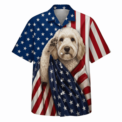 White Goldendoodle Patriot Hawaiian Shirt - 100% Woven Polyester
