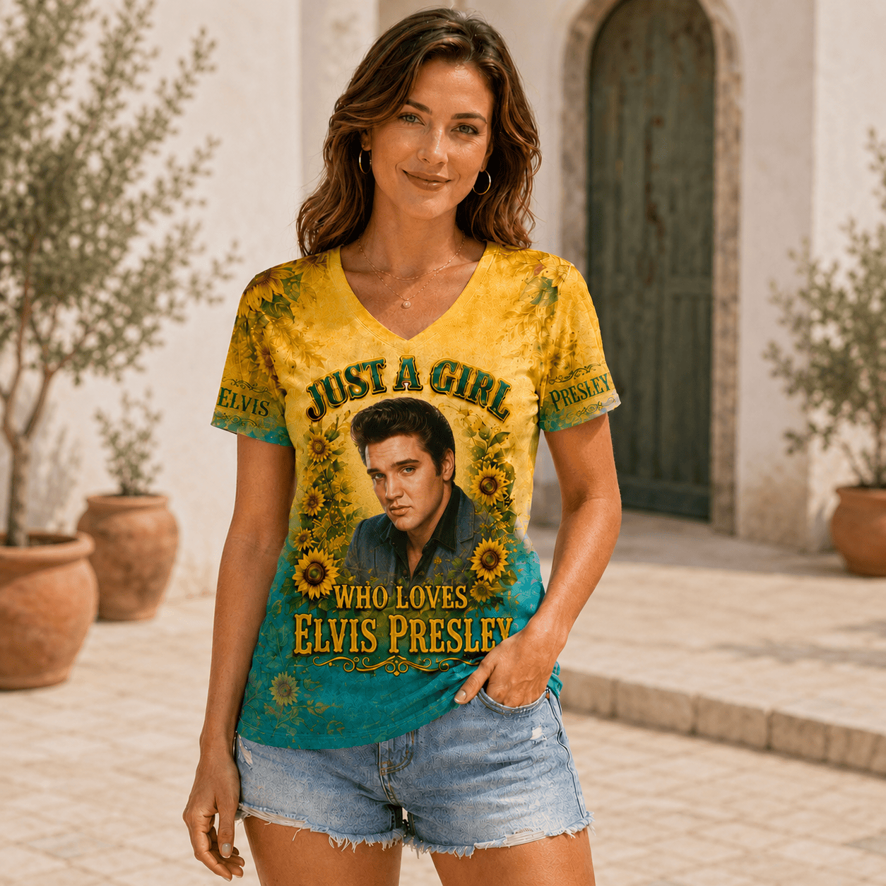 Elvis Presley Sunflower Women's V-Neck T-Shirt, Polyester-Cotton Blend - Image 2
