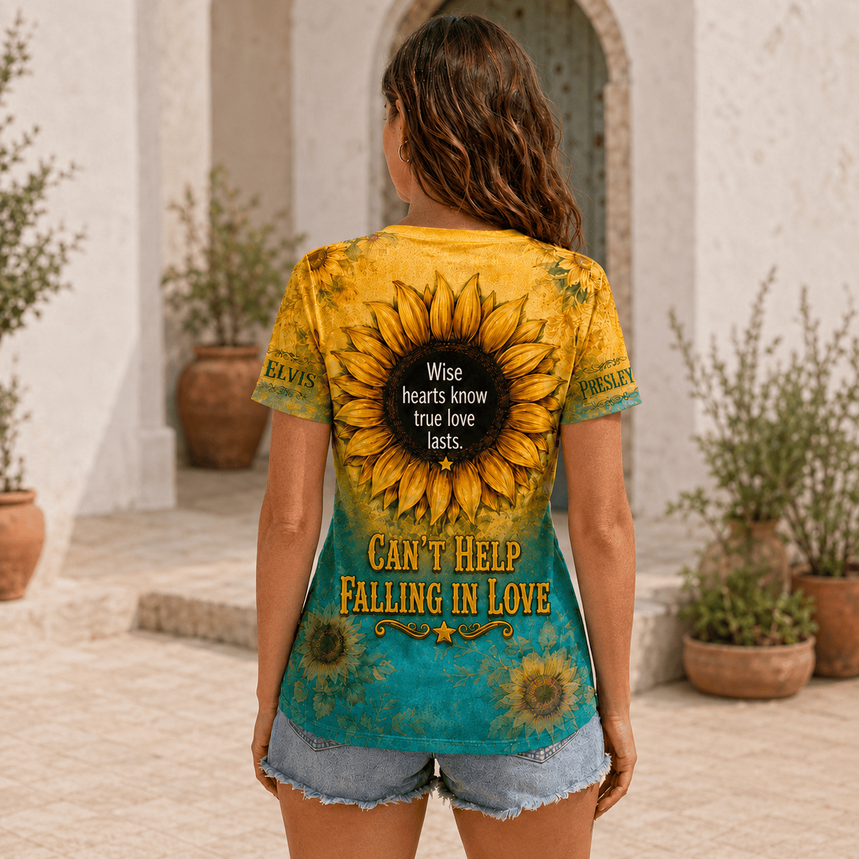 Elvis Presley Sunflower Women's V-Neck T-Shirt, Polyester-Cotton Blend - Image 3