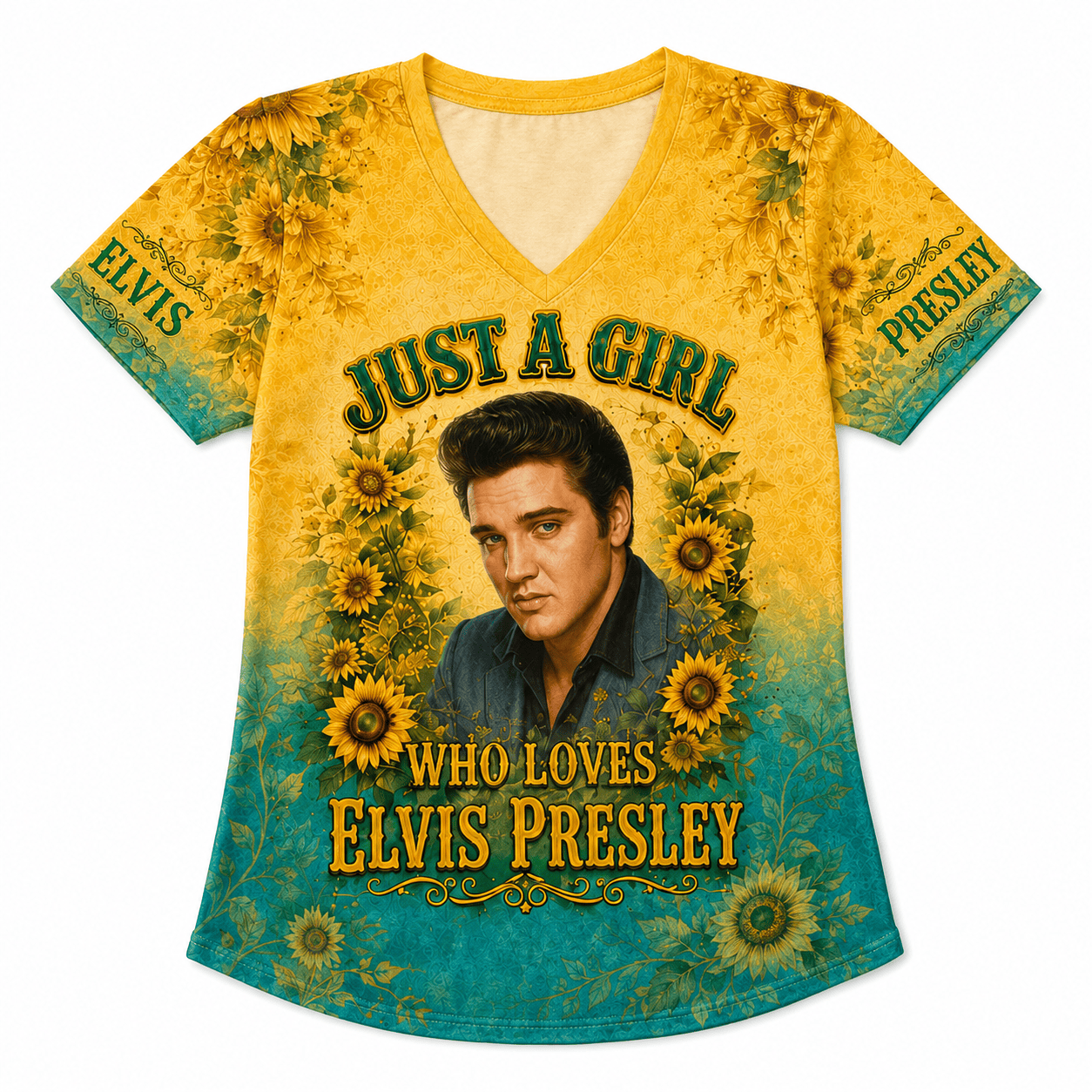 Elvis Presley Sunflower Women's V-Neck T-Shirt, Polyester-Cotton Blend - Image 4