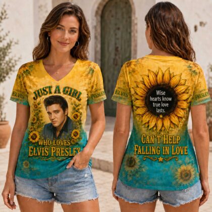 Elvis Presley Sunflower Women's V-Neck T-Shirt, Polyester-Cotton Blend